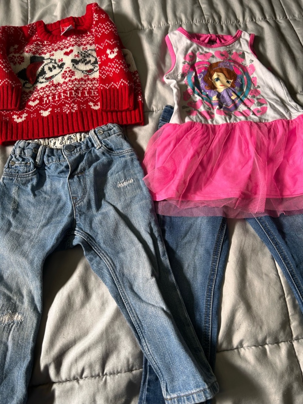 H&M Pink Tulle Graphic Dress Top with Red Sweater and Blue Jeans Set